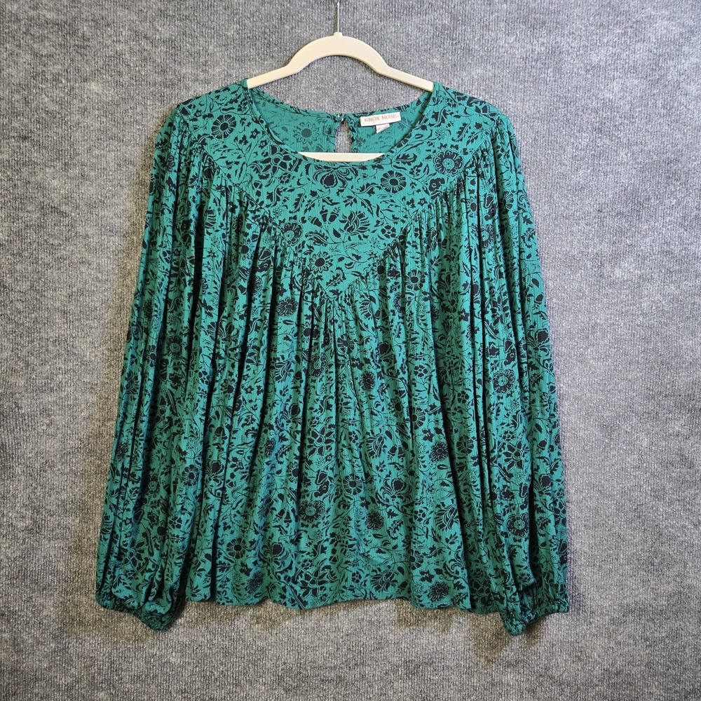 Knox Rose Top Women XL Forest Green Black Floral Crepe Peasant Earthy Whimsygoth